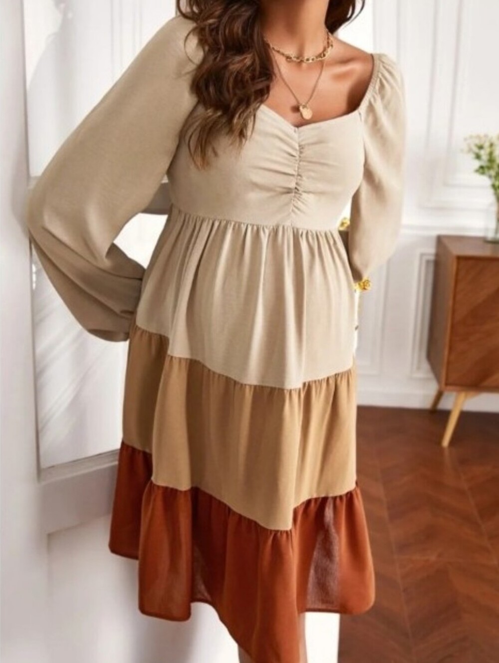 Entro Tiered Long Sleeve Colorblock Dress in Beige, Tan and Brown Small Boho